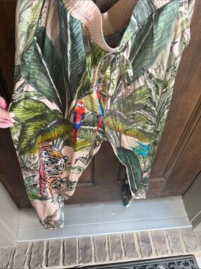 Johnny Was Beige Tropical Parrot & Tiger Cropped Pants with Green Leaves